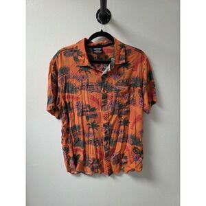 GoodGuys‎ Hot Rod Hawaiian Shirt Mens Medium Orange Rayon Vintage Cars Floral